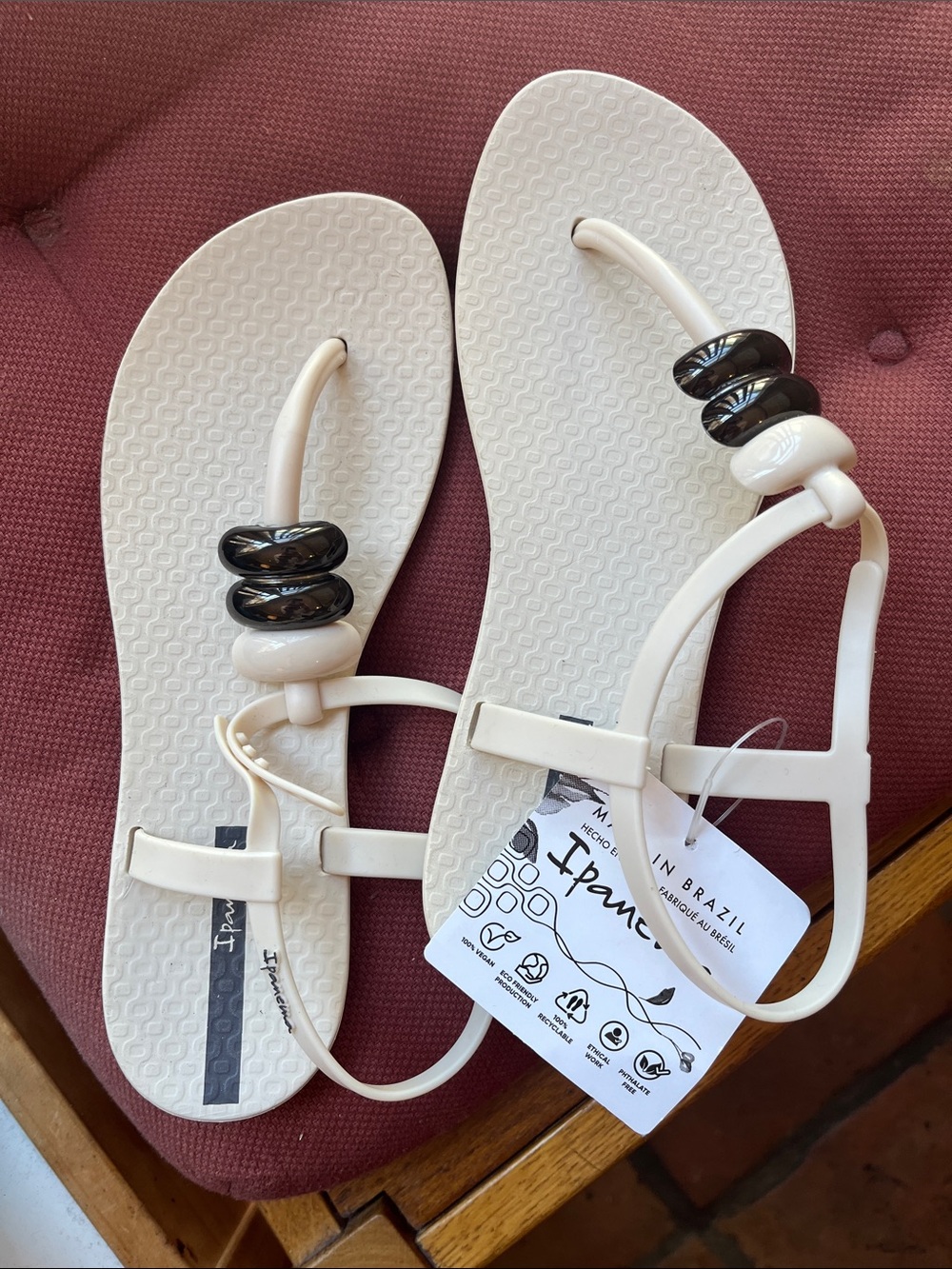Ipanema White T-Strap Sandals with Black Bead Accents